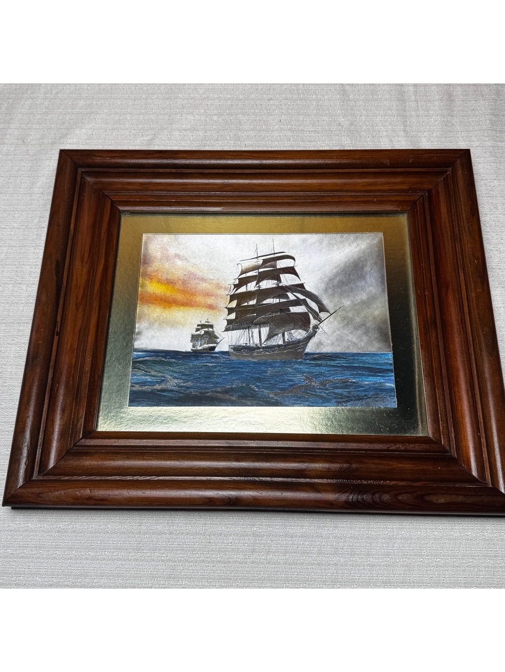 Vintage Framed Foil Art Sailing Ship Nautical Wall Decor 14 x 12 Inch Wood Frame - Picture 2 of 8